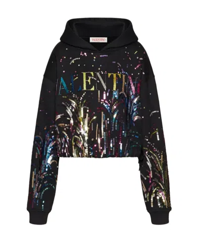 Valentino Sequin-embroidered Jersey Sweatshirt In Black