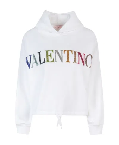 Valentino Sequinned-logo Detail Hoodie In White