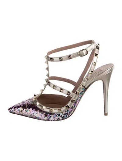 Pre-owned Valentino Garavani Sequins Studded Accents T-strap Pumps In Pink