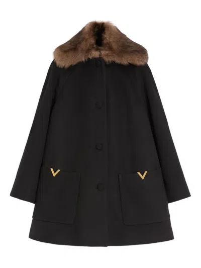 Valentino Shearling-collar Buttoned Coat In Black