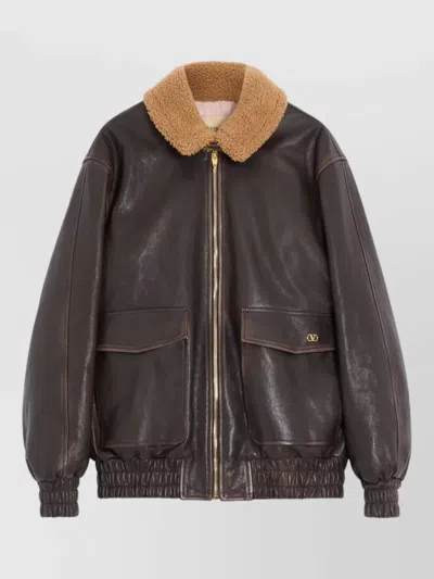 Valentino Shearling Collar Coat Elasticated Cuffs Hem In Black