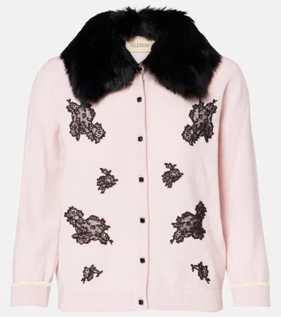 Valentino Shearling-trimmed Virgin Wool Cardigan In Pink