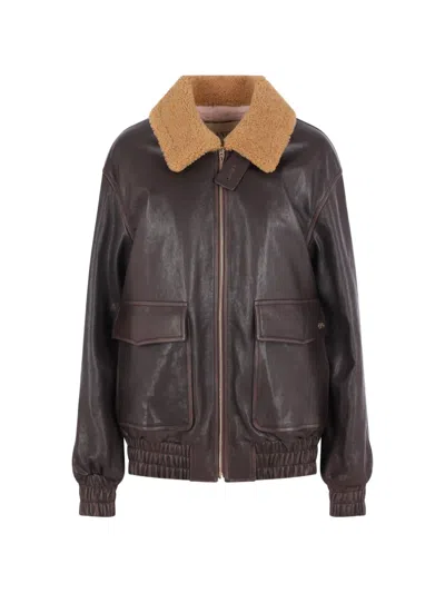Valentino Shearling-collar Leather Bomber Jacket In Brown