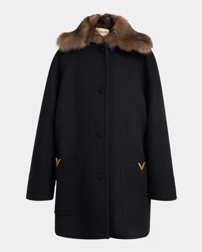 VALENTINO SHEEP SHEARLING COLLAR SINGLE-BREASTED WOOL COAT