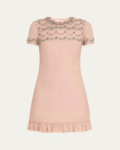 Valentino Sheer Crystal Ruffle Hem Mini Dress In Rose