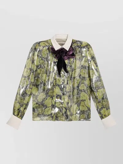Valentino Sheer Floral Jacket Collared Neck Bow In Green