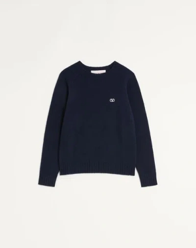 Valentino Shetland Wool Crewneck Jumper With Vlogo Embroidery In Blue