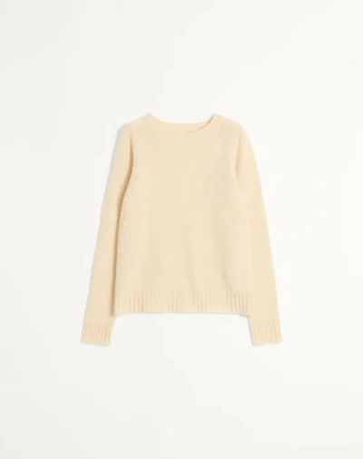 Valentino Shetland Wool Crewneck Jumper With Vlogo Embroidery In Ivory