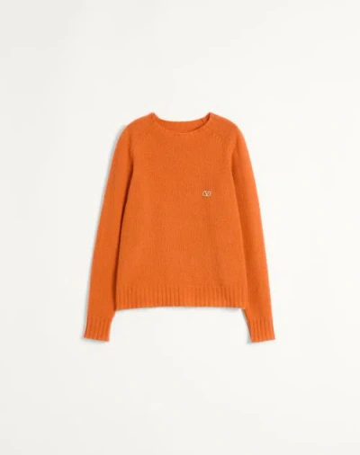 Valentino Shetland Wool Crewneck Jumper With Vlogo Embroidery In Orange