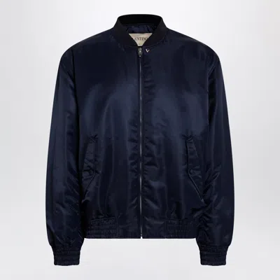 Valentino Shiny Navy Blue Zip-up Bomber Jacket With Vlogo