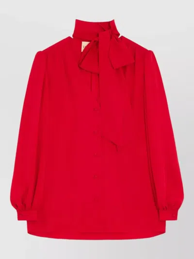 Valentino Shirt Bow Detail Long Puff Sleeves V Neck In Red