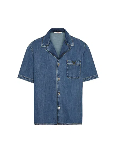 Valentino Shirt In Denim V Detail Medium Blue Wash Denim