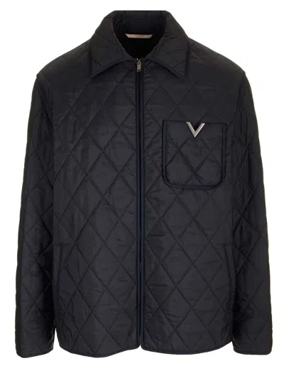 Valentino Quilted Nylon Shirt Jacket With Metallic V Detail In Black