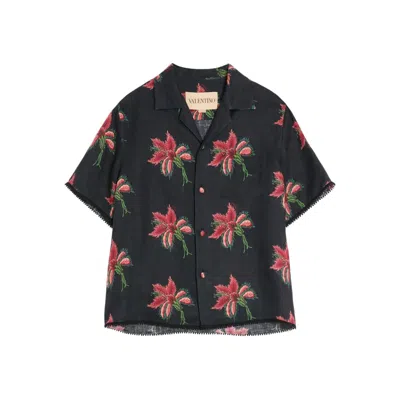 Valentino Camp Collar Shirt Floral Pattern Short Sleeves In Blue