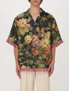 Valentino Linen Shirt Floral Print Fringed Edge In Beige