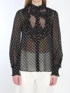 Valentino Garavani Polka Dot Tulle Bib Button-up Shirt In Black