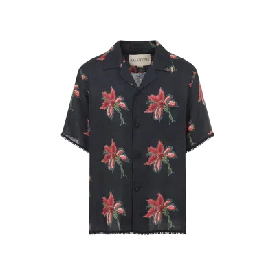 Valentino Camp Collar Shirt Floral Pattern Short Sleeves In Blue