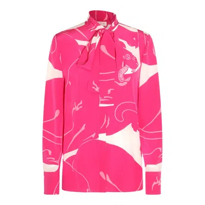 Valentino Panther Print Silk Shirt In Milk,pink Pp