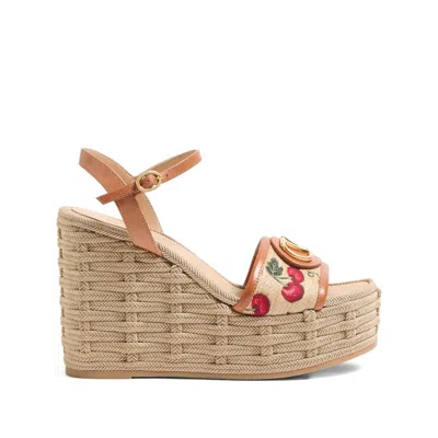 Valentino Garavani Vlogo Cherry Jacquard Raffia-wedge Espadrilles In Brown