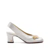 Valentino Block Heel Embellished Slingback Square Toe Pumps In Silver
