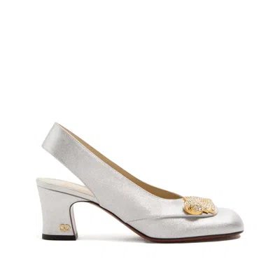 Valentino Garavani Block Heel Embellished Slingback Square Toe Pumps In White