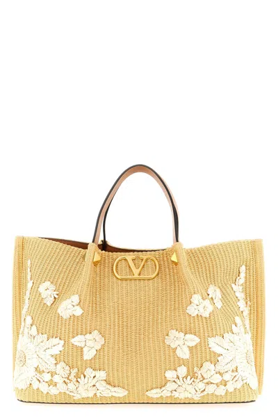 Valentino Garavani Medium Floral-embroidered Tote Bag In Yellow