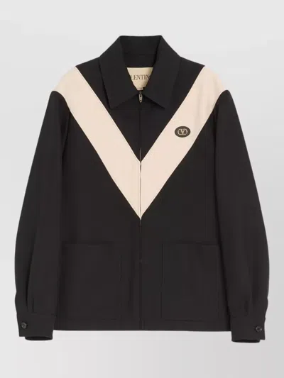 Valentino Short Coat Contrast Panels Button Cuffs Pockets In Black