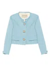 Valentino Womens Bluish Grey Embellished-button Round-neck Woven Jacket In Blue