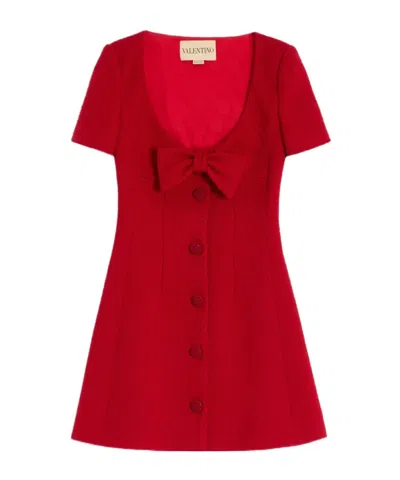 Valentino Short Dress In Plain Wool Tweed In Red