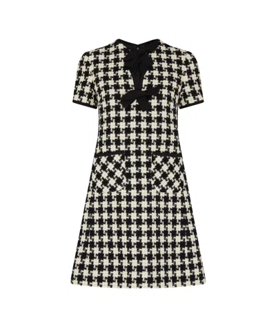 Valentino Embroidered Damier Light Tweed Short Dress In Black