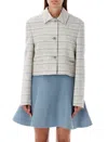 Valentino Cropped Embellished Cotton-blend Tweed Jacket In Avorio Blue