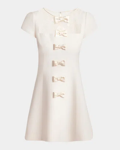 Valentino Short-sleeve Lace-yoke Bow Mini Dress In Neutral