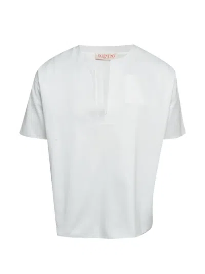 Pre-owned Valentino Short-sleeve Split-neck Cotton T-shirt In White