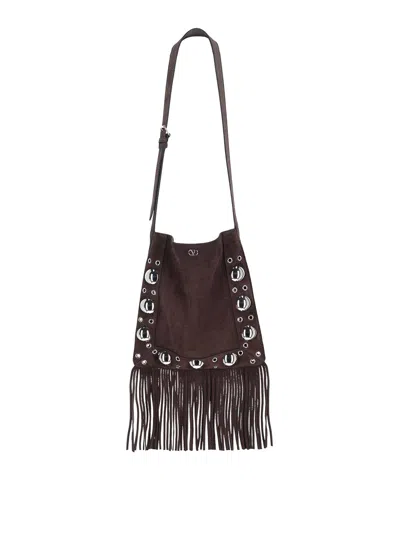 Valentino Garavani Fringed Suede Shoulder Bag With Adjustable Strap In Brown