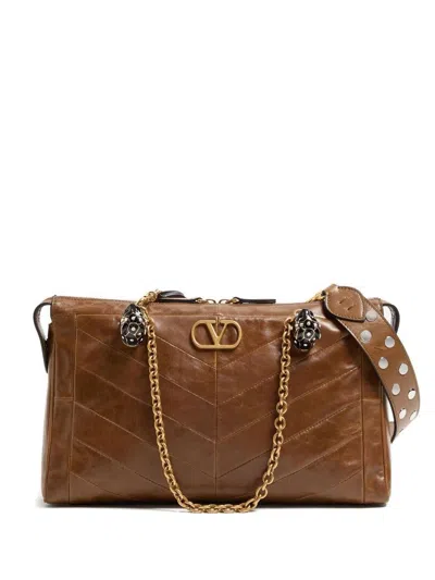 Valentino Garavani Panthea Shoulder Bag In Nappa Leather With Chevron Pattern Wom In Brown