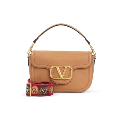 Valentino Garavani Almond Beige Calf Leather Alltime Shoulder Bag In Brown