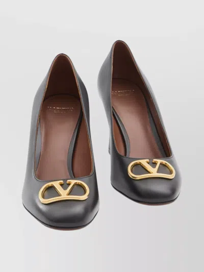 Valentino Garavani Signature Block Heel Leather Pumps In Gold