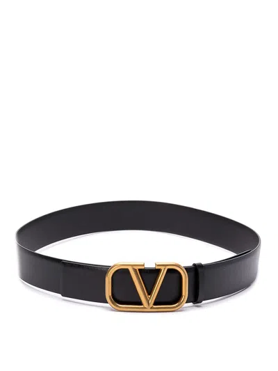 Valentino Garavani Elegant Black Leather Belt With Gold Buckle 30 Mm