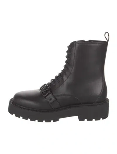 Pre-owned Valentino Garavani Signature Logo Leather Lace-up Boots In Black