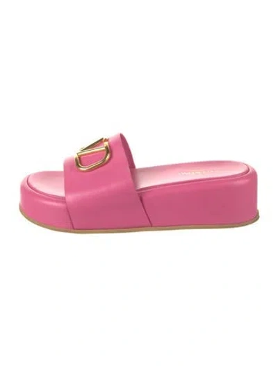 Pre-owned Valentino Garavani Signature Logo Leather Slides In Pink
