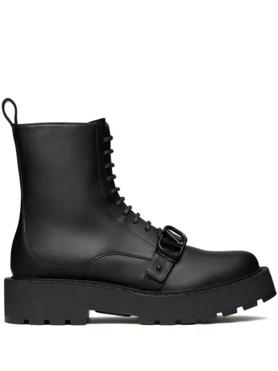 Valentino Garavani Logo Signature Buckle Detail Chunky Sole Boots In Black