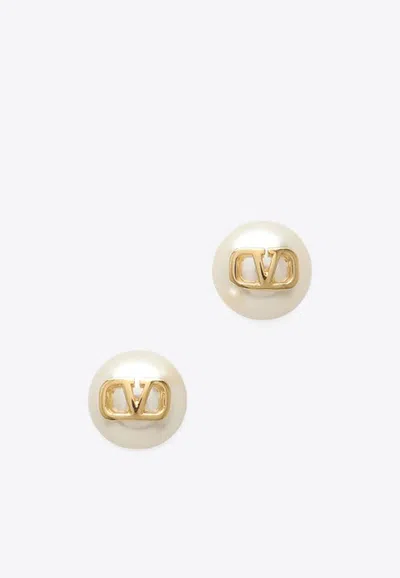 Valentino Garavani Signature Vlogo Pearl Earrings In White