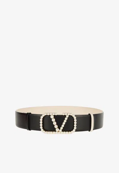 Valentino Garavani Signature Vlogo Reversible Pearl Leather Belt In Black