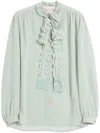 Valentino Crepe Shirt With High Neck And Ruffled Neckline In Green