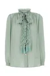 Valentino Crepe Shirt With High Neck And Ruffled Neckline In Green