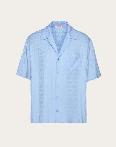 Valentino Silk Bowling Shirt With Toile Iconographe Pattern In Sky Blue