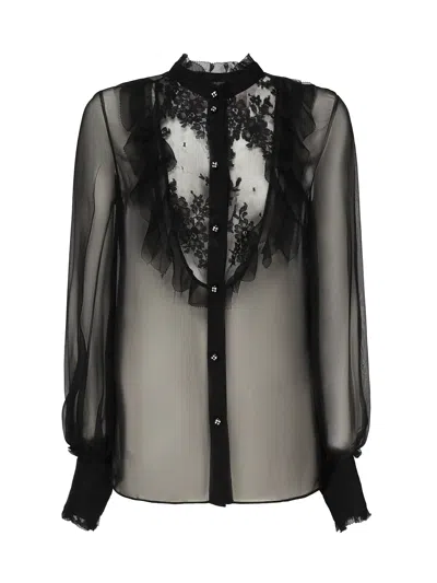 Valentino Silk Chiffon Blouse With Lace And Ruffles Trim In Black