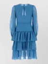 Valentino Silk Dress With Keyhole Neckline And Ruffles In Blue