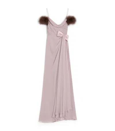 Valentino Silk Feather-trim Gown In Purple