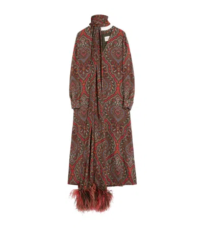 VALENTINO SILK FEATHER-TRIM MAXI DRESS